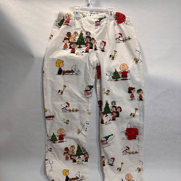 Peanuts Holiday-Themed Pajama Set Button-Up Shirt Pants White Cotton Medium Flan - Picture 15 of 16